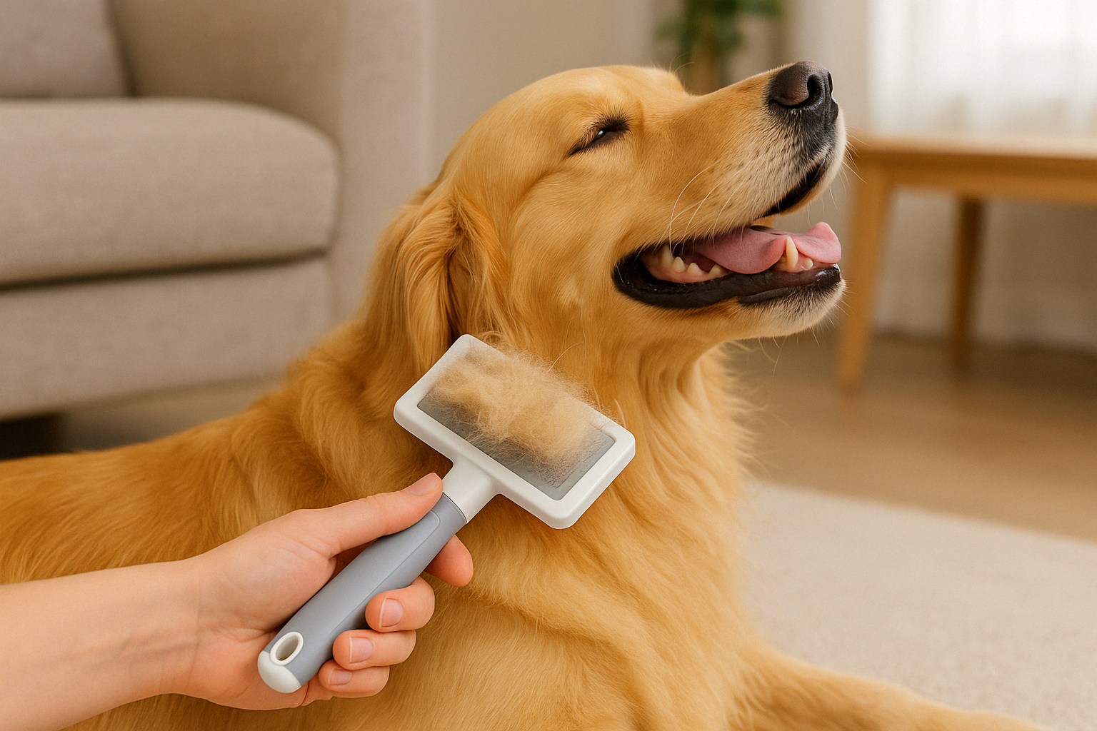 Brosse slicker autonettoyante pour chien, avec picots métalliques fins et poignée ergonomique, parfaite pour démêler et entretenir les poils épais.